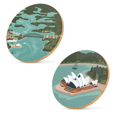 Two illustrated cork coasters, one Sydney Opera House artwork and one Sydney Harbour Bridge artwork